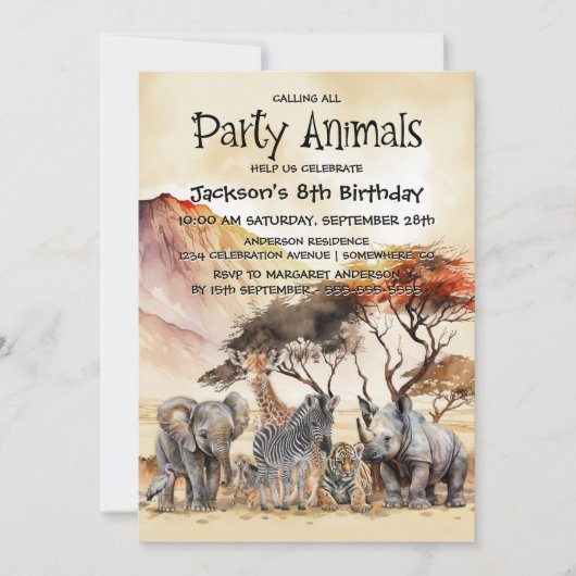 Oproep Alle Party Dieren Safari Dieren Verjaardag Kaart (Voorkant)