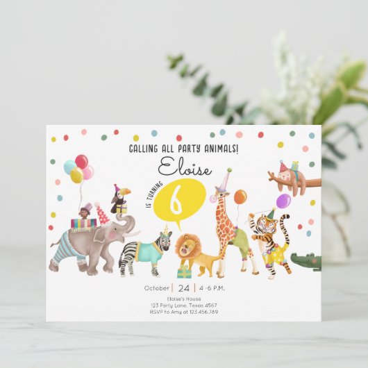 Oproep Alle Party Dieren Safari Jongen Meisje Verj Kaart (Staand voorkant)