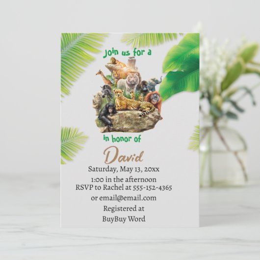 Oproep Alle Party Dieren Safari Zoo Verjaardag Inv Kaart (Staand voorkant)