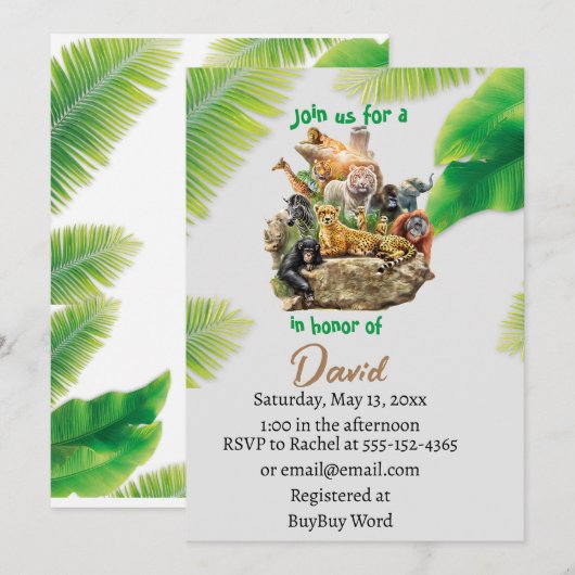 Oproep Alle Party Dieren Safari Zoo Verjaardag Inv Kaart (Voorkant / Achterkant)