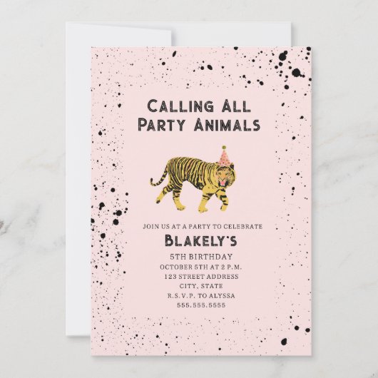 Oproep Alle Party Dieren Tijger Roze Verjaardag Kaart (Voorkant)