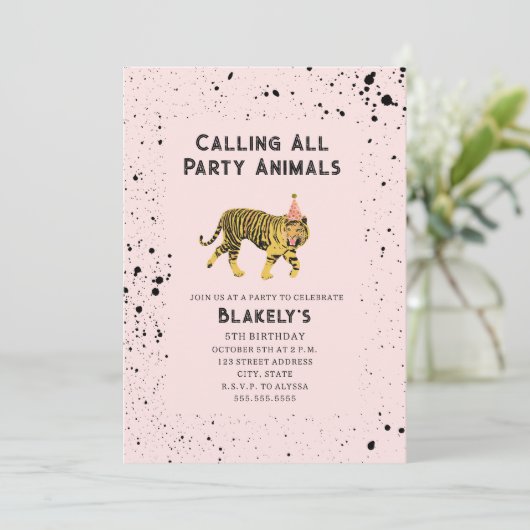 Oproep Alle Party Dieren Tijger Roze Verjaardag Kaart (Staand voorkant)