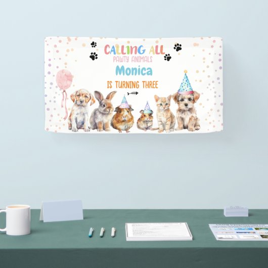 Oproep alle pawty dieren verjaardagsfeestje spandoek (Beurs)