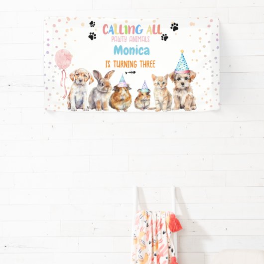 Oproep alle pawty dieren verjaardagsfeestje spandoek (Insitu)