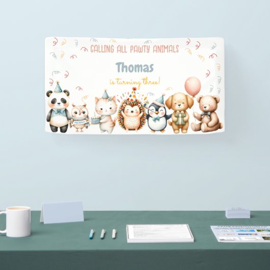 Oproep alle pawty dieren verjaardagsfeestje spandoek (Beurs)