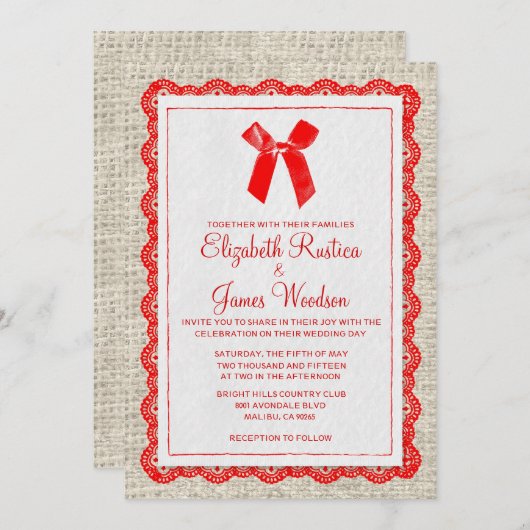 Oproep van het Rode Land Burlap Wedding Kaart (Voorkant / Achterkant)