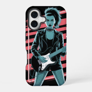 Oproerige Rockster: Vrouwelijke Gitariste in Leer iPhone 16 Hoesje