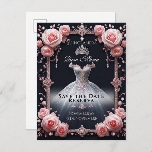 Opslaan Datum/ Reserveer Spaans Quinceañera Rosas Aankondigingskaart (Voorkant / Achterkant)