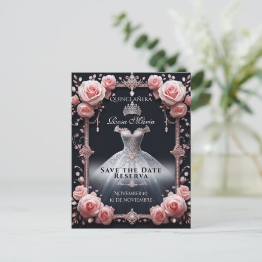 Opslaan Datum/ Reserveer Spaans Quinceañera Rosas Aankondigingskaart (Staand voorkant)