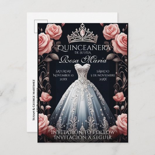 Opslaan Datum/ Reserveer Spaans Quinceañera Rosas Aankondigingskaart (Voorkant / Achterkant)