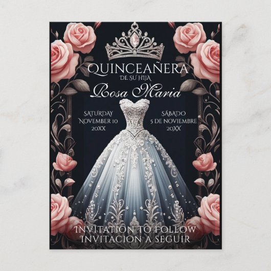 Opslaan Datum/ Reserveer Spaans Quinceañera Rosas Aankondigingskaart (Voorkant)