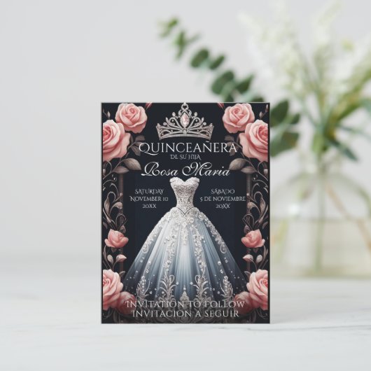 Opslaan Datum/ Reserveer Spaans Quinceañera Rosas Aankondigingskaart (Staand voorkant)