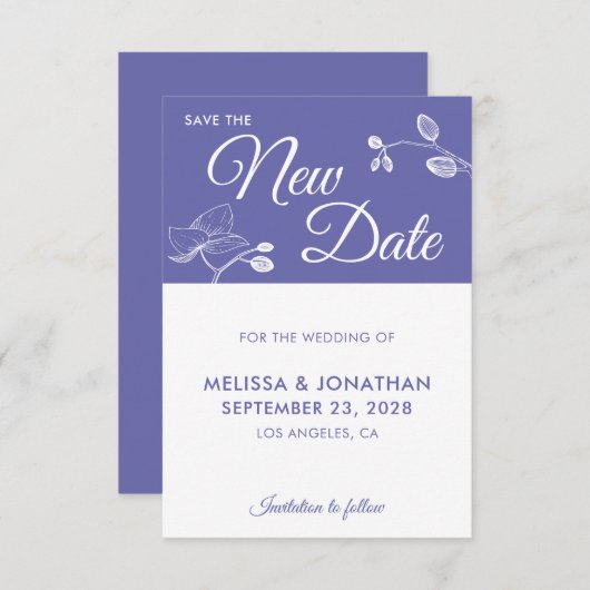 Opslaan van New Date bruiloft uitstel floral paars (Voorkant / Achterkant)