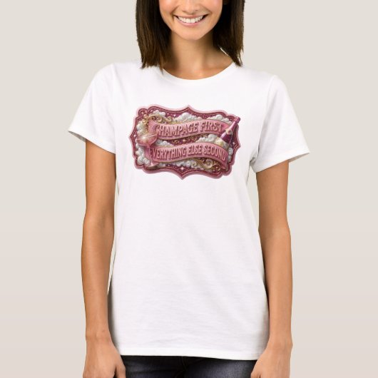 Opslag Rode CHAMPAGNE EERST Print T-shirt (Voorkant)