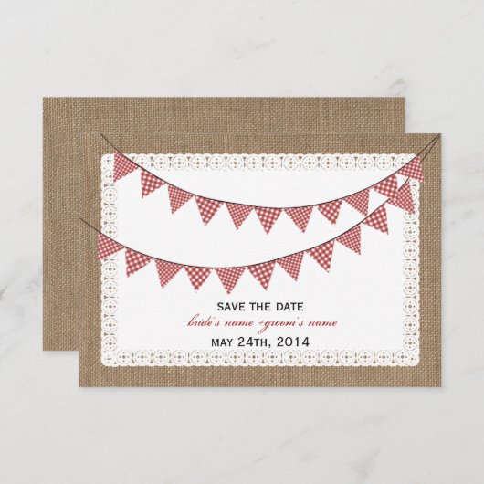 Opslagdatum Burlap geïnspireerd Red Gingham Buntin Save The Date (Voorkant / Achterkant)