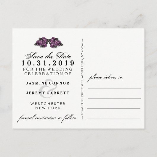 Opslagdatum Halloween Skeletons Paars Briefkaart (Achterkant)