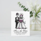 Opslagdatum Halloween Skeletons Paars Briefkaart (Staand voorkant)