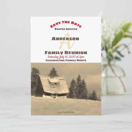 Opslagdatum van de oude Homestead-uitnodiging van  Save The Date (Staand voorkant)