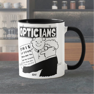 Opticien Cadeaus zijn rekening. Funny cartoon over Mok