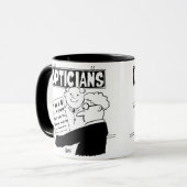 Opticien Cadeaus zijn rekening. Funny cartoon over Mok (Voorkant links)