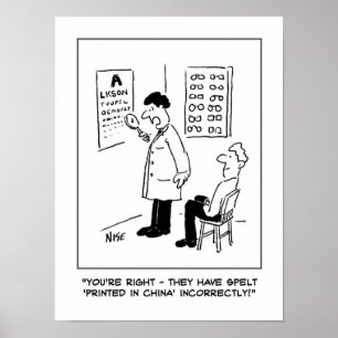 Opticien controleert het draaien op een optische w poster