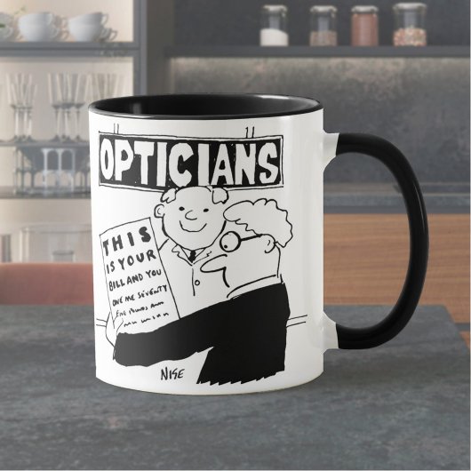 Opticien presenteert zijn rekening. Grappige carto Mok