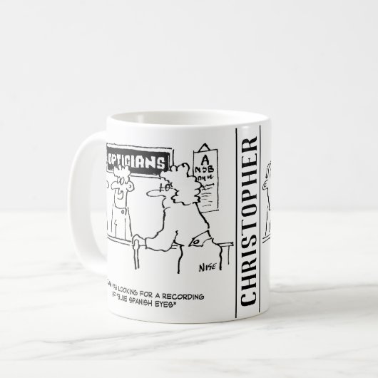 Opticien wordt gevraagd om "Spaanse ogen" Koffiemok (Voorkant links)
