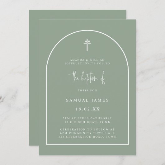 Optie 1: Sage Green Arch Minimalist Baptisme Kaart (Voorkant / Achterkant)