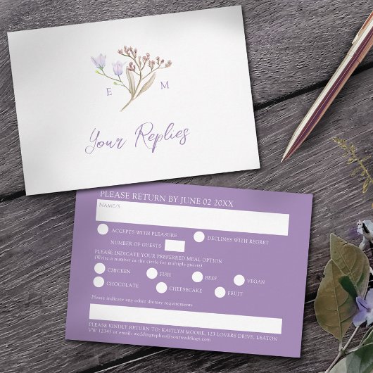 Optie voor wildbloemenmenu paarse boho-herfstbruil RSVP kaartje