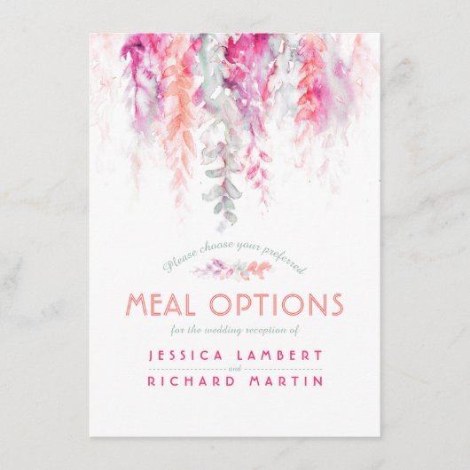 Opties voor koraalroze bloemcascade informatiekaartje (Voorkant)