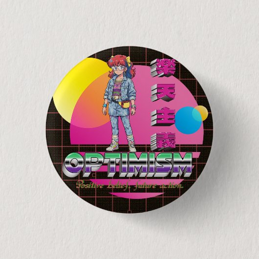 optimisme Retrowave Anime Meisje Knop Ronde Button 3,2 Cm (Voorkant)