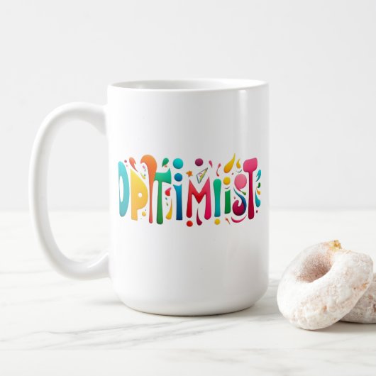 "Optimist Witte Mok – Kleurig Motiverend Ontwerp (Met donut)