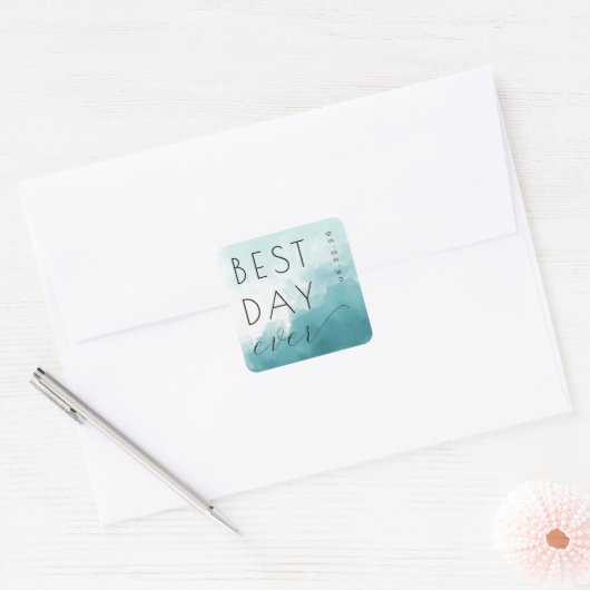 Optimistic Teal Watercolor Waves Vierkante Sticker (Envelop)