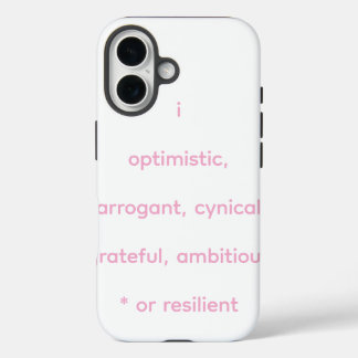optimistisch, arrogant, cynisch, dankbaar, ambitie iPhone 16 hoesje
