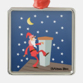 Optionele "add text" Funny Santa op het dak Metalen Ornament (Voorkant)