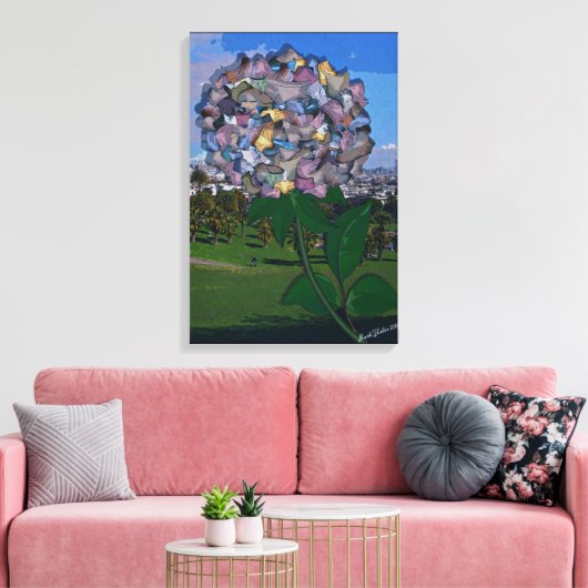 Optische illusie: een bloem groeit in Dolores Park Canvas Afdruk (Insitu (Woonkamer))