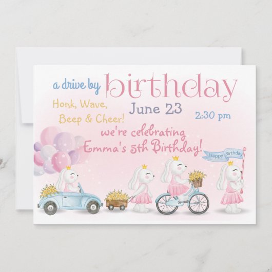 Optocht van Pastel Roze Konijnen  Autorit  Verjaar Kaart (Voorkant)