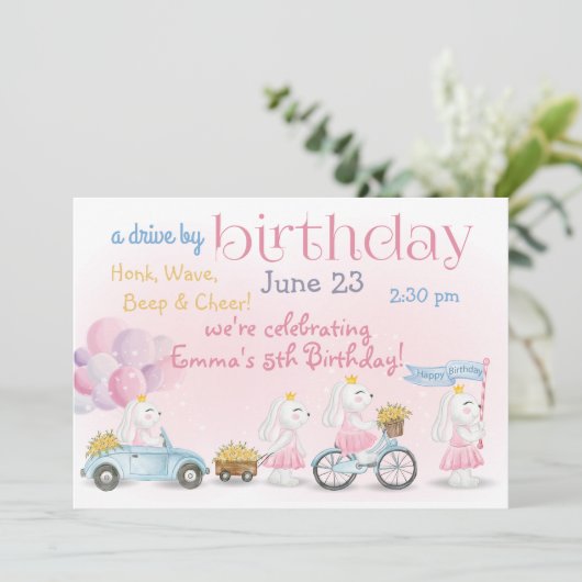 Optocht van Pastel Roze Konijnen Autorit Verjaar Kaart (Staand voorkant)