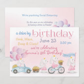 Optocht van Pastel Roze Konijnen Autorit Verjaar Kaart (Voorkant / Achterkant)