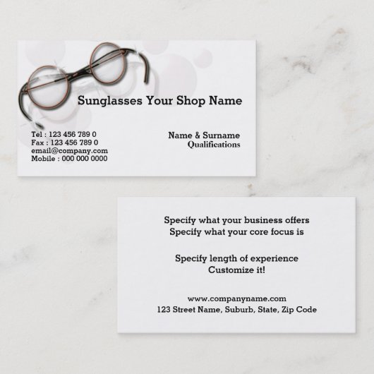 Optometrist optica  zonnebril lijst visitekaartje (Voorkant / Achterkant)