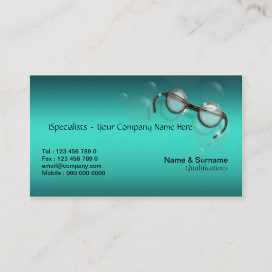 Optometrist optics opticicien eye turquoise visitekaartje (Voorkant)