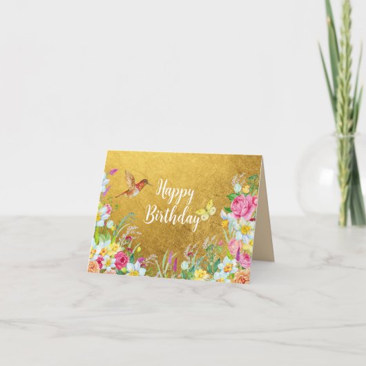 Opulence Gold Floral Hummingbird Bedankkaart (Voorkant)