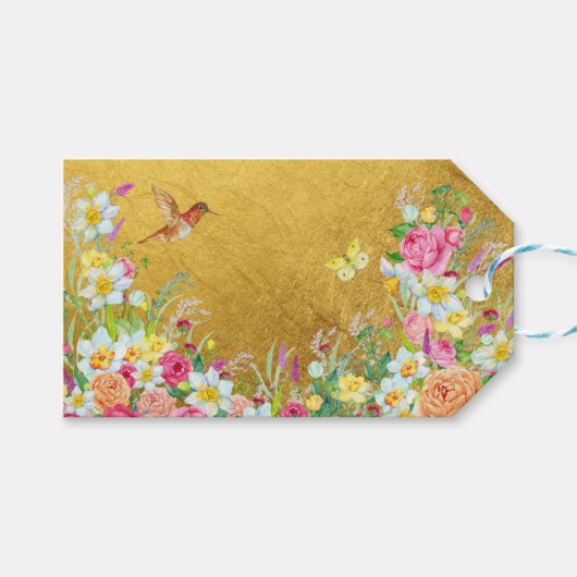 Opulence Gold Floral Hummingbird Cadeaulabel (Voorkant (Horizontaal))