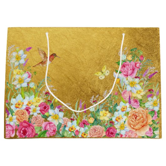 Opulence Gold Floral Hummingbird Gift Bag Groot Cadeauzakje (Voorkant)