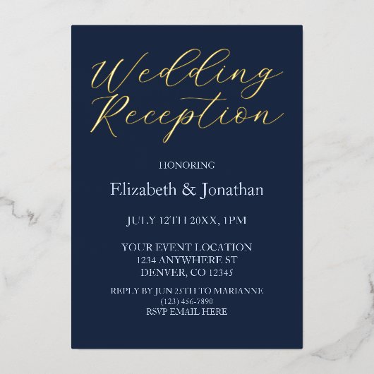Opulent Blauw Huwelijksreceptie Folie Uitnodiging (Voorkant)
