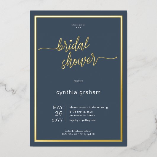 Opulent blauw Modern Minimaal Vrijgezellenfeest Folie Uitnodiging (Voorkant)