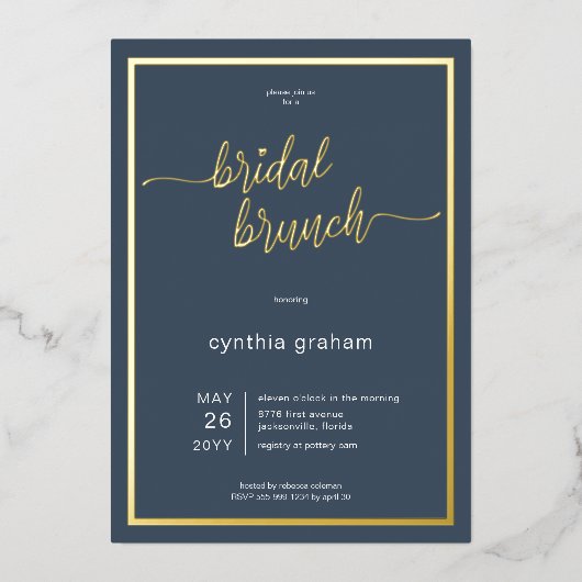 Opulent Blauw Moderne Minimale Bruidsbrunch Folie Uitnodiging (Voorkant)