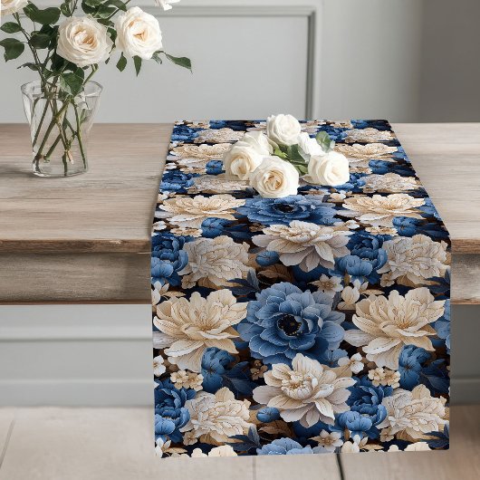 Opulent Blue and Ivory Floral Table Runner Lange Tafelloper