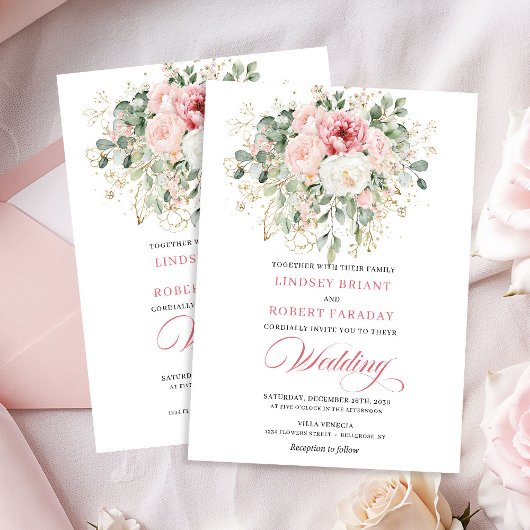 Opulent Blush Floral Gold Wedding Invitation Kaart