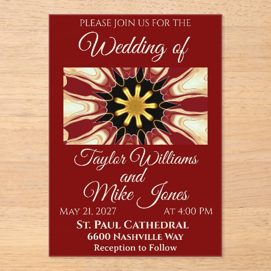 Opulent Deep Crimson Starburst Design | High-End M Acryl Uitnodigingen (Voorkant)